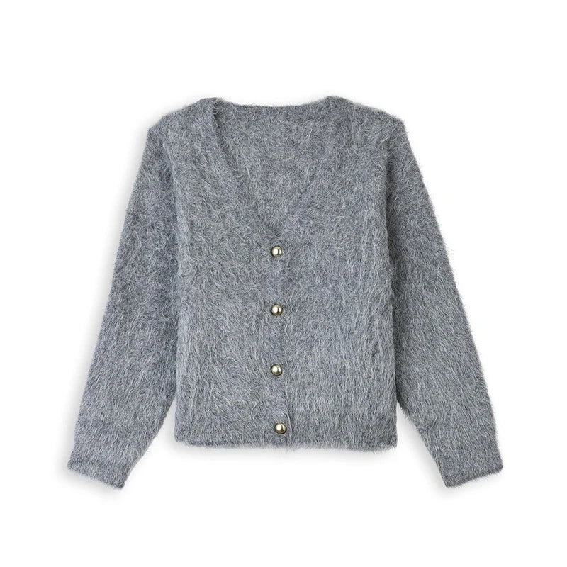 Gray cardigan with button details on a white background