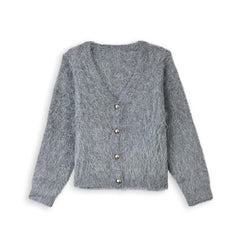 Gray cardigan with button details on a white background