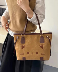 Cute Cat Face Suede Shoulder Tote Bag