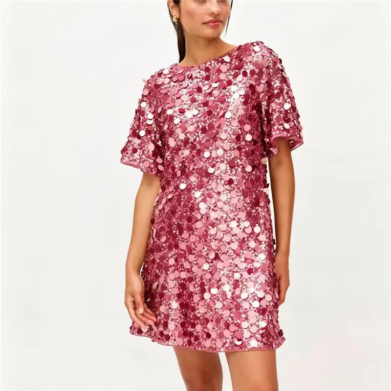 Pink sparkly sequins round neck mini dress