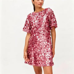 Pink sparkly sequins round neck mini dress