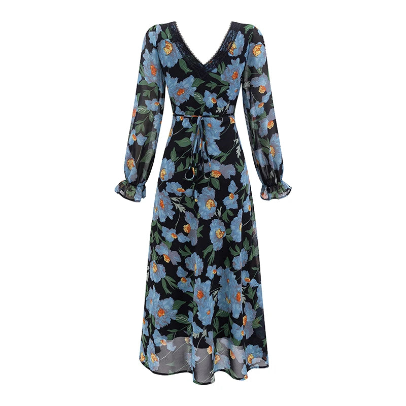 Full view of a long sleeve chiffon maxi dress with lace detailing.