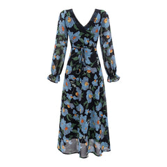 Full view of a long sleeve chiffon maxi dress with lace detailing.