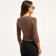 V Neck Three Quarter Sleeve Crop Top