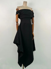 Black Slash Neck Midi Dress | Elegant Folded Off-Shoulder Style