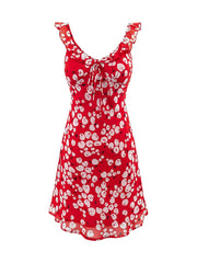 Red cherry print mini dress with ruffle straps and a tie V-neck, front view.