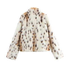 Faux fur jacket with a spotted pattern on a white background
