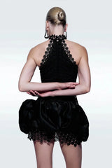 Black Lace Halter Neck Puffy Mini Dress