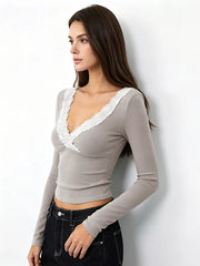 Lace Trim V-Neck Long Sleeve Top