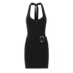 Black halter neck dress with a belt on a white background