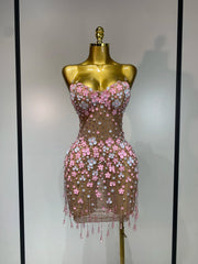 Appliqued flower mini dress, front view.
