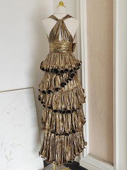 Metallic Tiered Halter Maxi Dress with Frill Layers