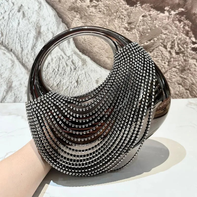 Dark grey crystal fringe hard case minaudiere clutch with circular handle