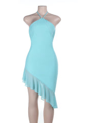 Light Blue Ruffled Asymmetrical Hem Mini Dress