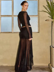 Ruffle Long Sleeve Crop Top and Mesh Midi Patchwork Skirt Set