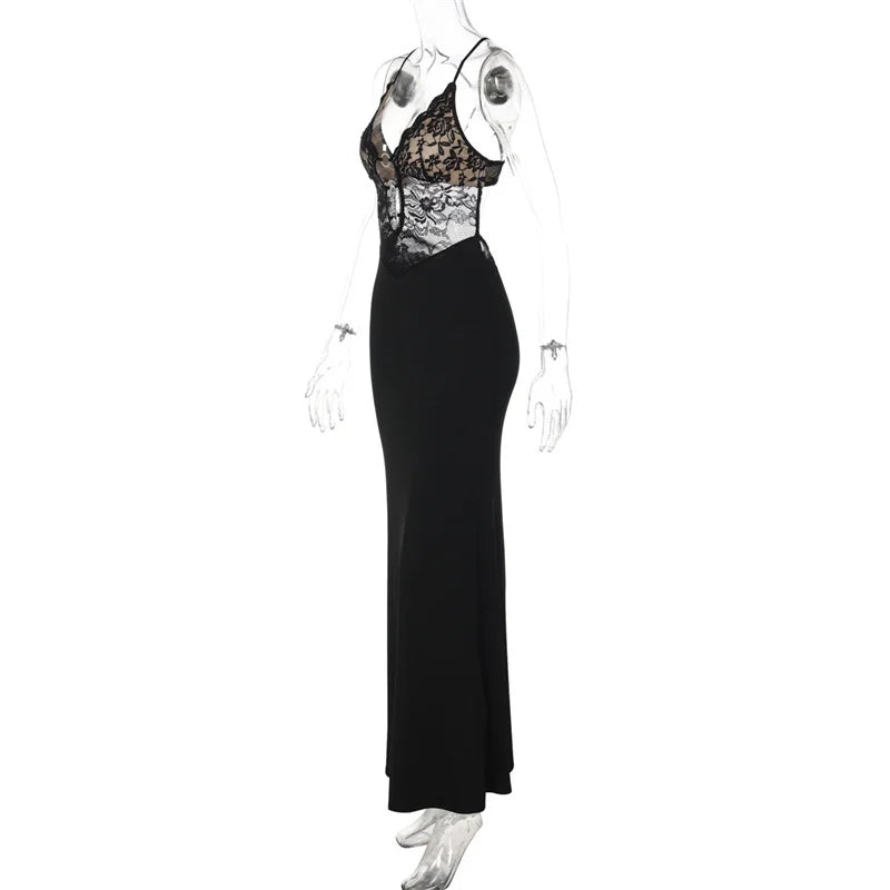 Black evening gown with lace detailing on a white background