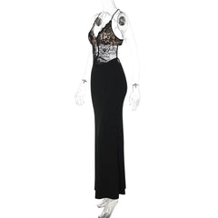 Black evening gown with lace detailing on a white background