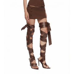 Studded lace-up thigh-high heeled sandals in brown