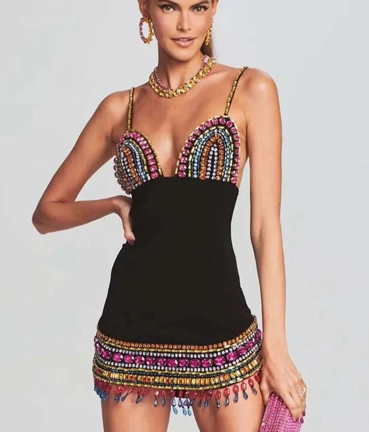 Spaghetti Strap V Neck Colorful Crystal Patchwork Black Gown
