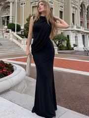 High Neck Draped Ruched Maxi Dress