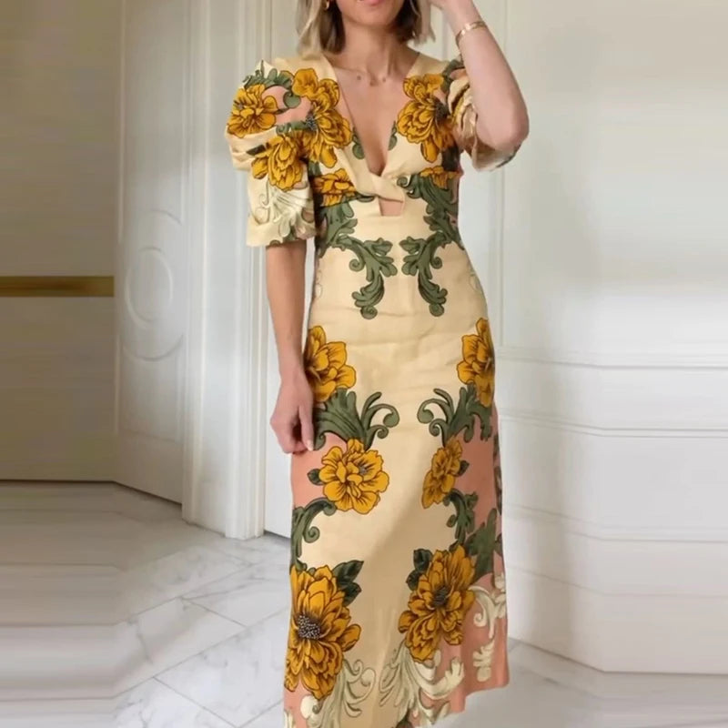 Woman wearing a floral dress with a white background