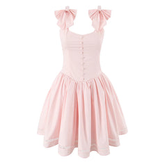 Pink dress with bow straps on a white background
