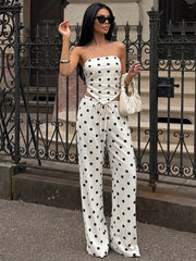 White polka dot strapless tube top and wide leg pants set