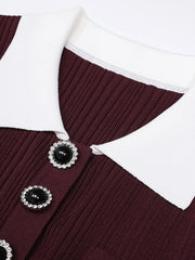 Knit Midi Dress with Contrast Lapel and Rhinestone Buttons