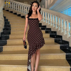 Polka Dot Lace Trim Asymmetric Ruffle Hem Mini Dress