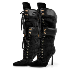 Pointed Toe Lace Up Mid Calf Boots