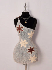 One Shoulder Crochet 3D Floral Applique Mini Dress