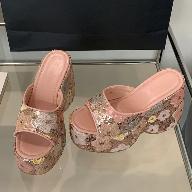 Pink floral sequin platform wedge sandal with open toe