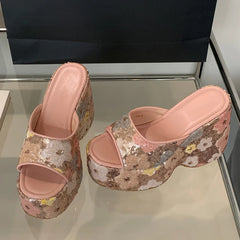 Pink floral sequin platform wedge sandal with open toe