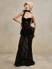 Strapless black lace maxi dress with scarf detail