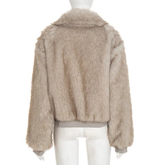 Beige faux fur jacket on a mannequin