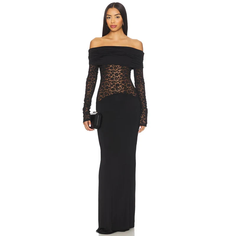 Off-shoulder lace panel gown front view
