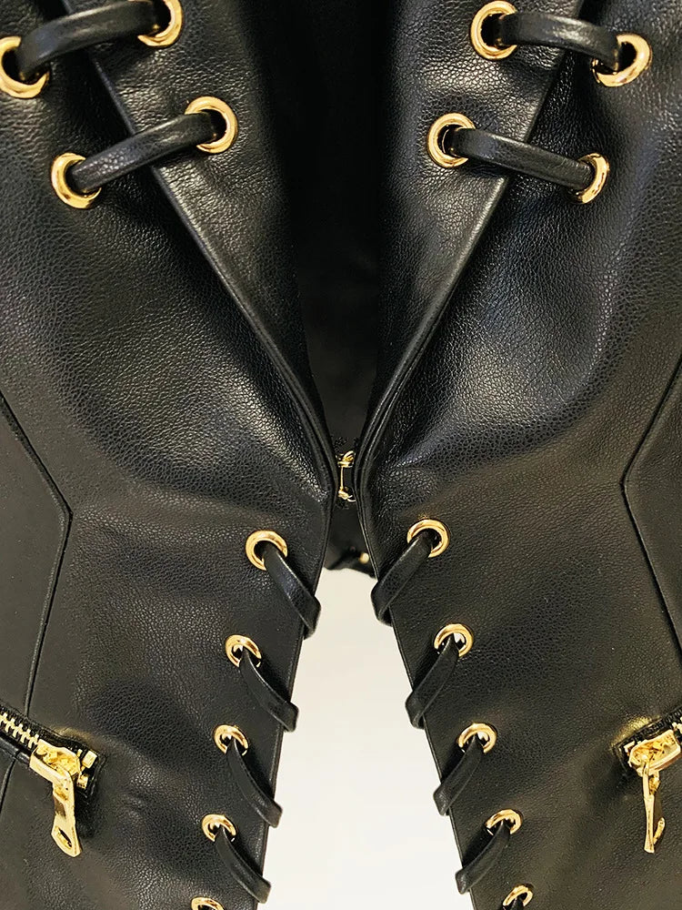 Close-up of black lace-up embellished fitted blazer details