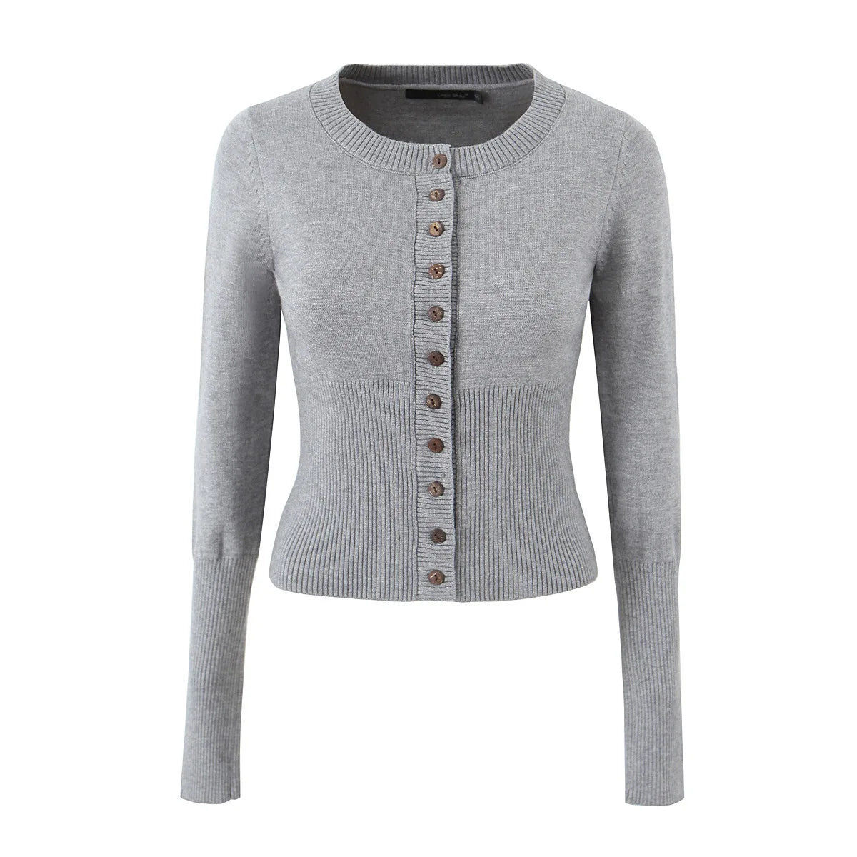 Gray cardigan with buttons on a white background
