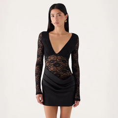 Sheer Lace V-Neck Long Sleeve Mini Dress