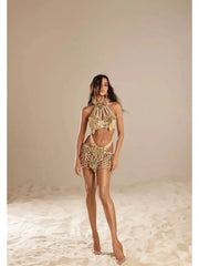 Embellished Mesh Pearls Overall And Skirt and Bikini Top Set
