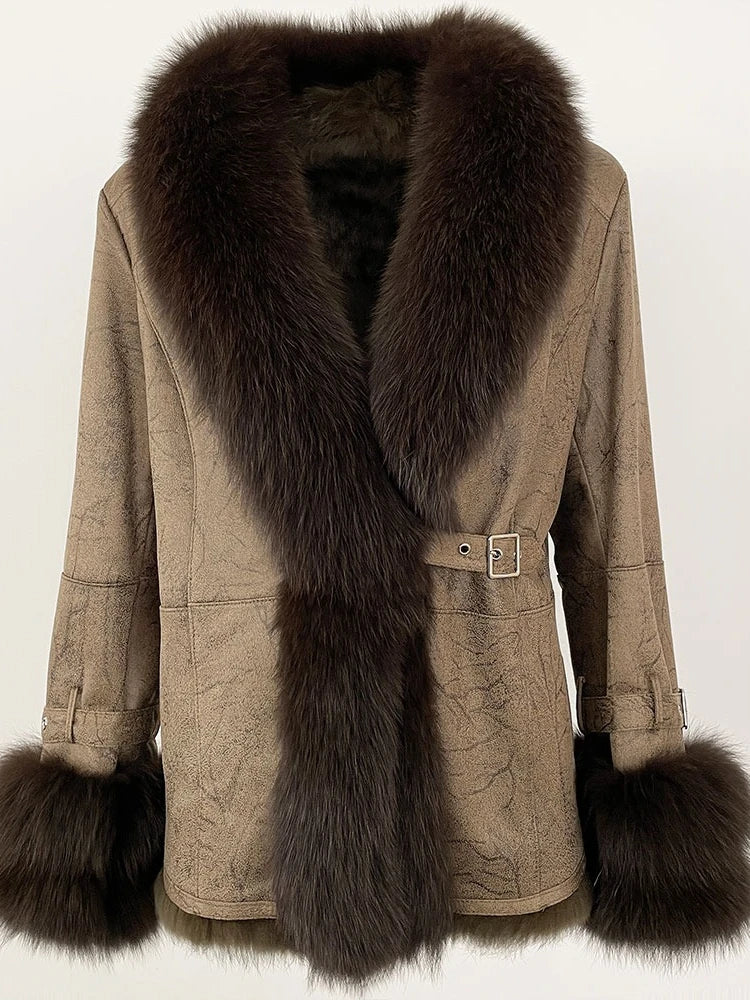 Brown shearling coat with a dark brown fox fur collar and matching cuffs.