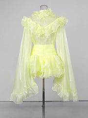 Yellow High Neck Long Sleeve Ruffle Top and Mini Skirt Set