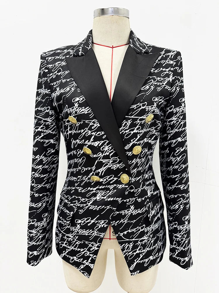 Love letter print double-breasted blazer on a mannequin.