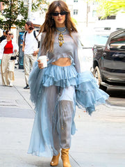 Light blue ruffle blouse paired with chiffon maxi skirt