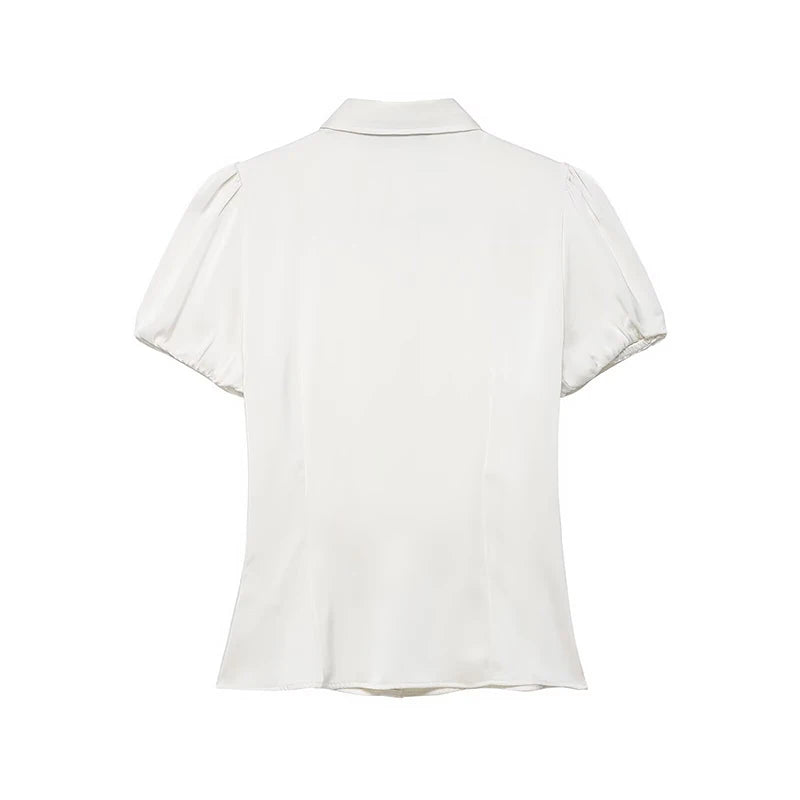 Back view of white satin puff sleeve collared shirt top
