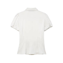 Back view of white satin puff sleeve collared shirt top