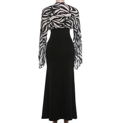 Black Zebra Print V-Neck Flare Sleeve Maxi Dress