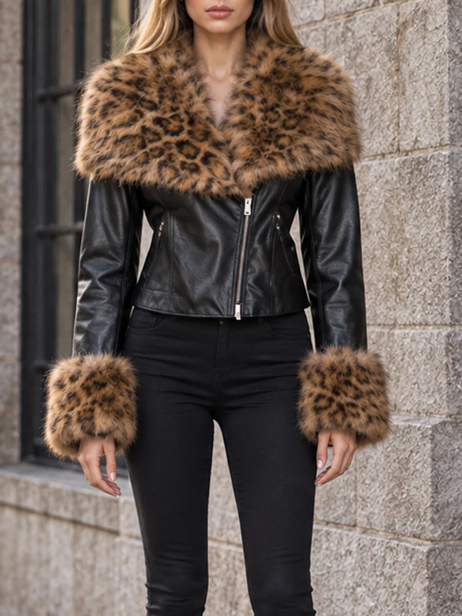 Leopard print faux fur collar jacket