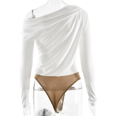 White long-sleeve top with draped design and beige underwear on a mannequin against a white background