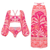 Tropical print long sleeve crop top and high waist briefs swimwear set